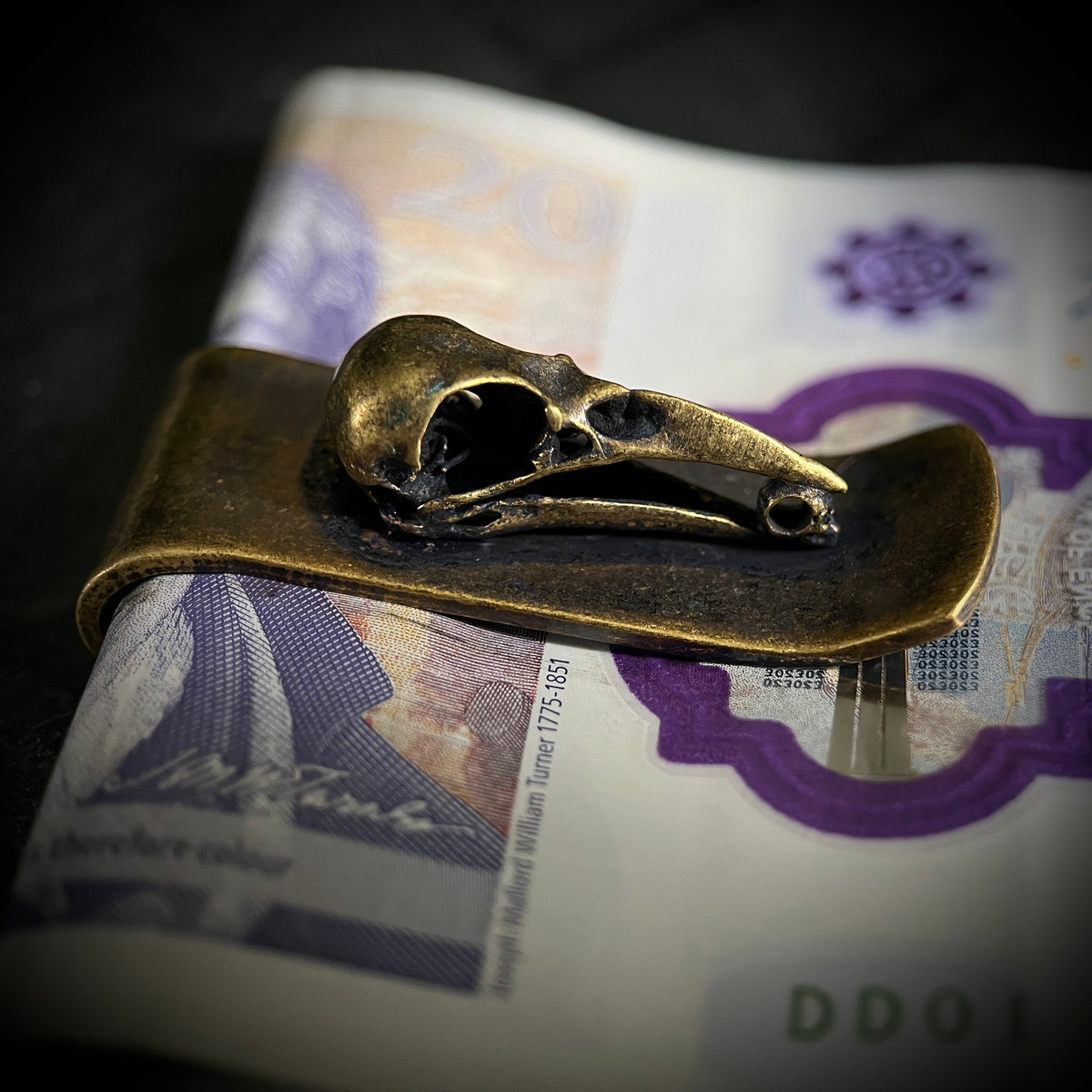 Vintage Distressed Style Solid Brass Crow Bird Skull Money Clip Holder / Wallet