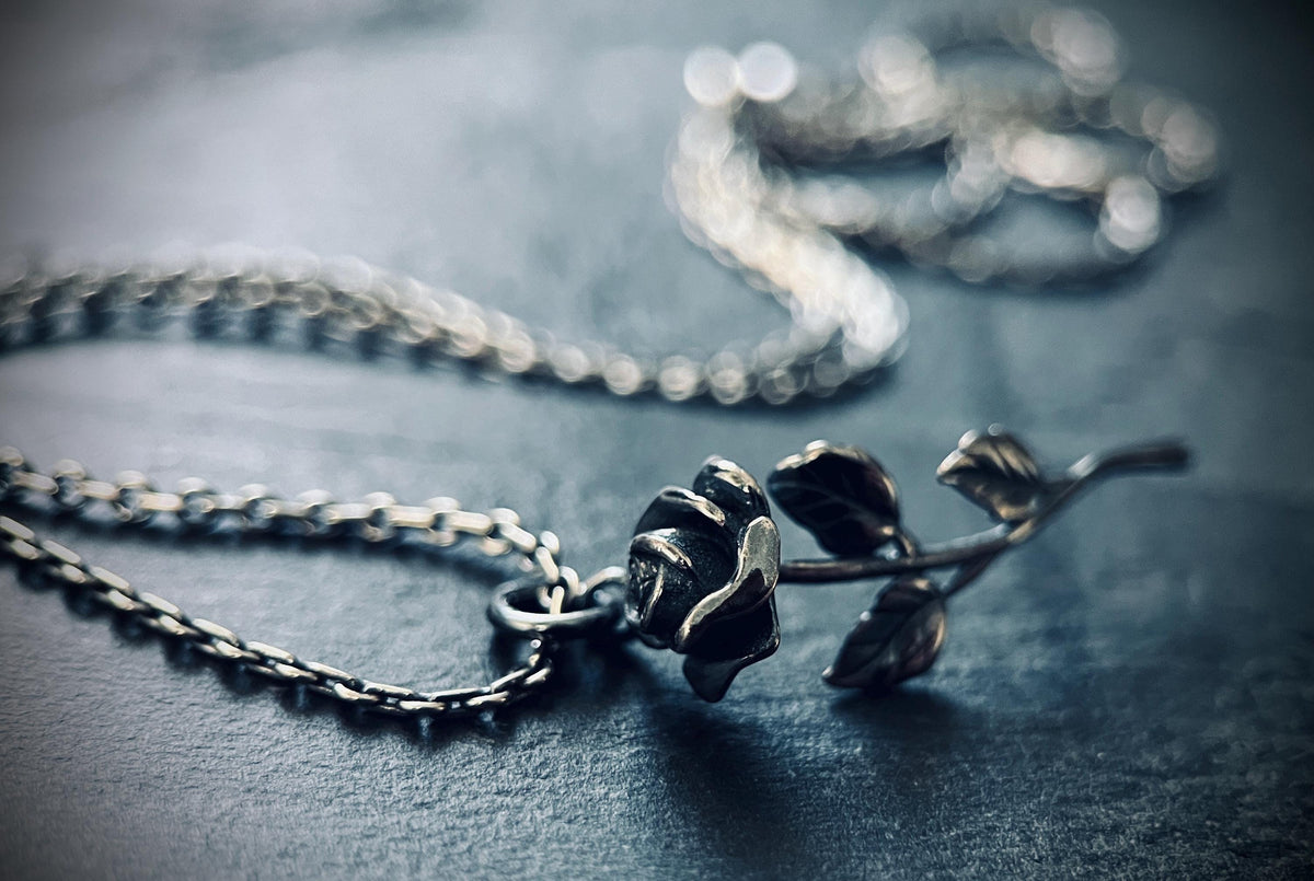 Rustic Oxidised 925 Sterling Silver Rose Pendant & Necklace • Floral Flower Necklace Charm