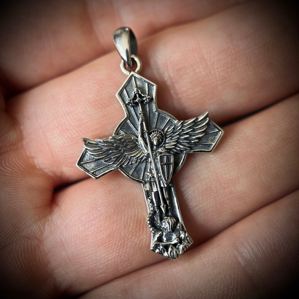 Archangel - 925 Solid Sterling Silver Handmade Saint Michael "Protect Us" Cross Pendant with Presentation Gift Box