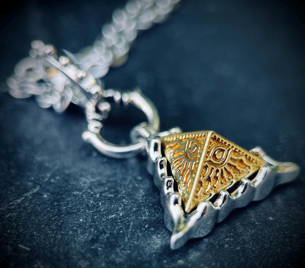 Egyptian Eye of Horus Golden Copper Pyramid and Silver Plated Pendant with Matching Necklace