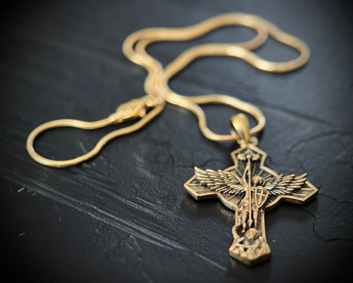 Archangel - 24ct Gold Handmade Saint Michael "Protect Us" Pendant & Matching Snake chain Necklace with Presentation Gift Box