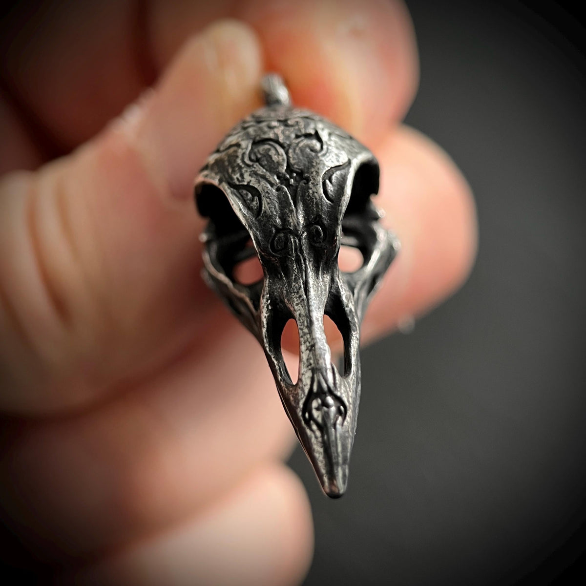 Oxidised Blackened Stainless Steel Crow Skull Amulet Ornate Pendant