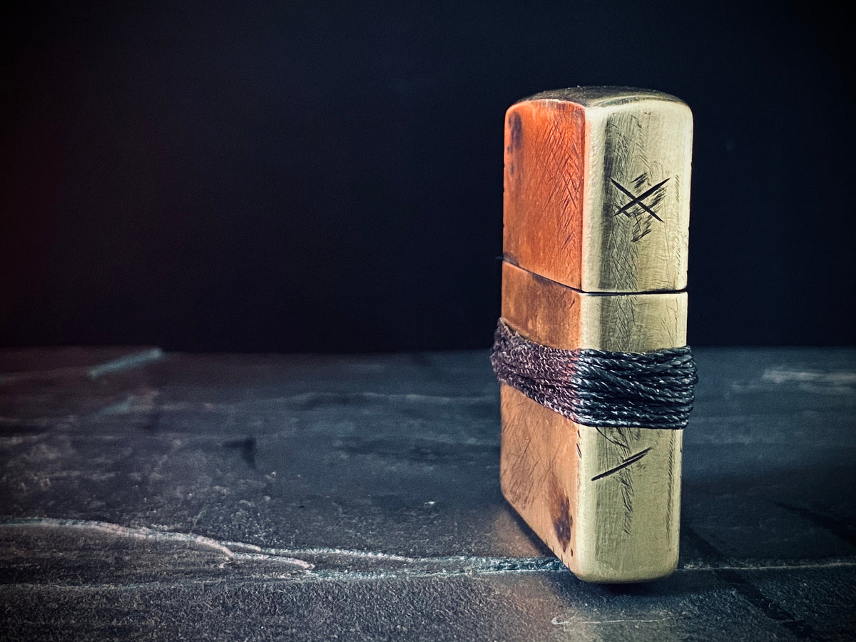Customised Distressed & Oxidised Battle Damaged Vintage Style Gold Brass Zippo Lighter with Rope Grip / EDC / Everyday Carry