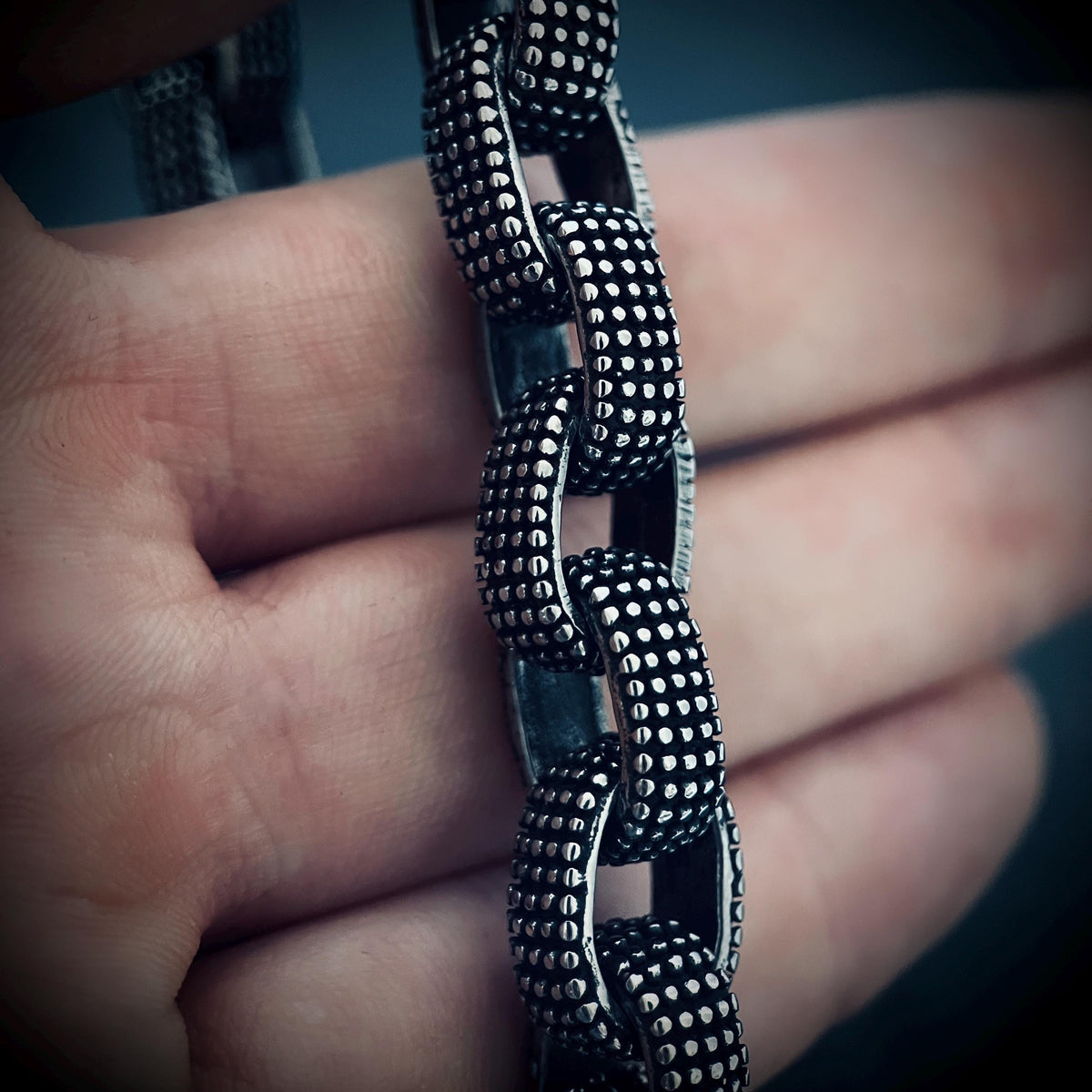 Oxidized Stainless Steel Chunky Chain Bracelet: Embossed Dot Link, Rustic Mens Jewelry