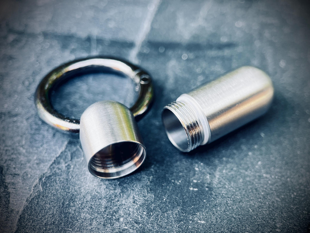Silver Stainless Steel Titanium Waterproof Pill Bottle Capsule Keychain / Keyring / Carabiner / Survival EDC / Container / Pocket
