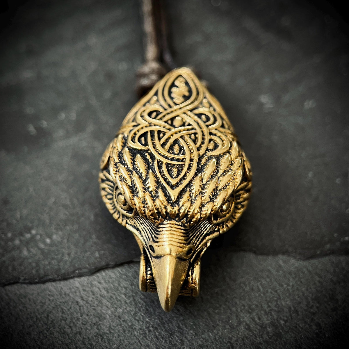 Rustic Brass Celtic Golden Eagle Bird Head Pendant & Black Distressed Leather Cord Necklace