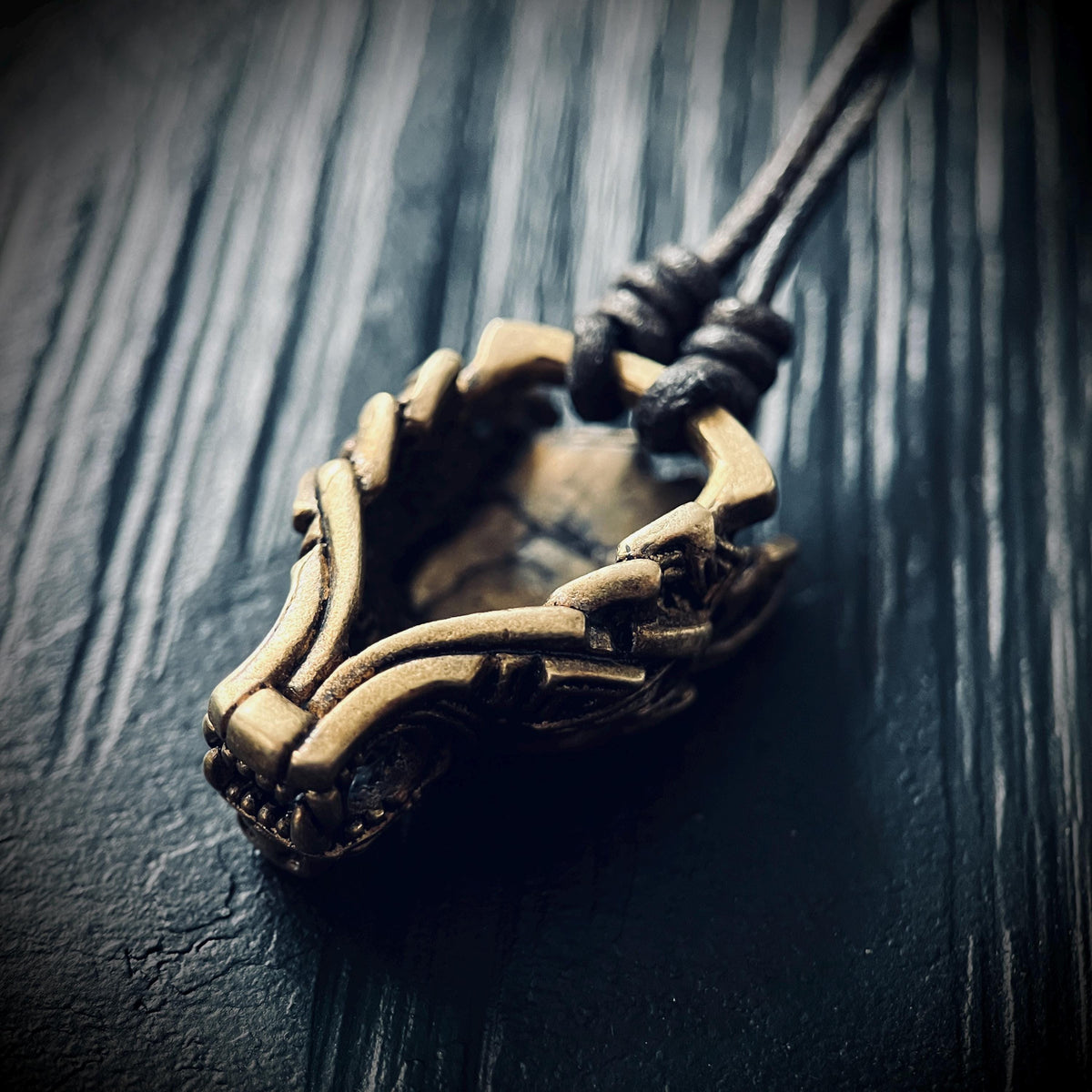 Rustic Brass Celtic Wolf Pendant & Black Distressed Leather Cord Necklace