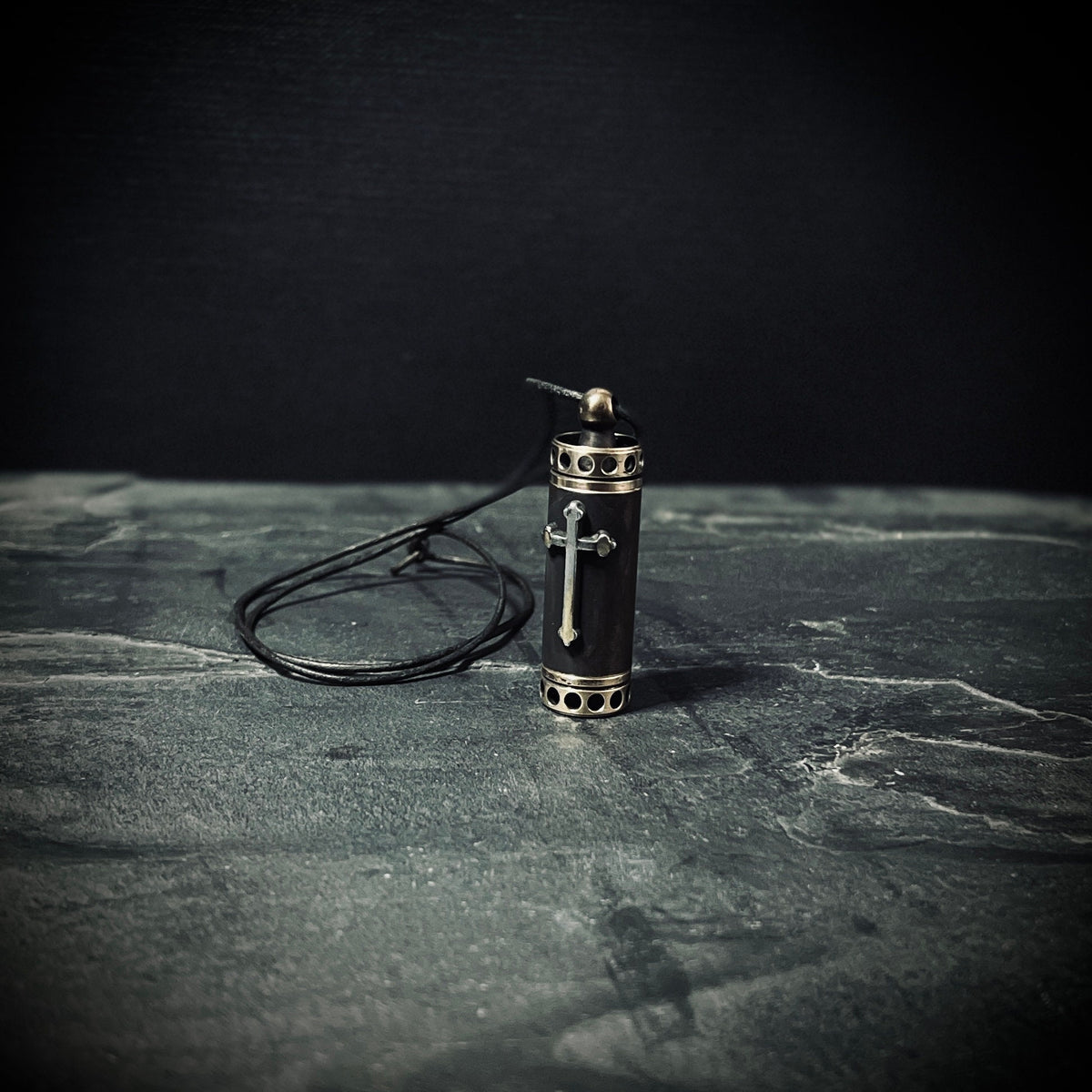 High Contrast Aged Solid Brass Small Pill Vial Distressed Shotgun Shell Capsule Stash Urn Cross Pendant & Matching Leather Cord Necklace