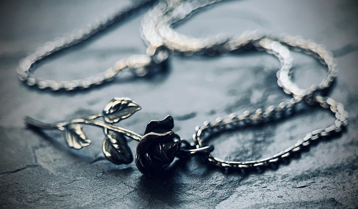 Rustic Oxidised 925 Sterling Silver Rose Pendant & Necklace • Floral Flower Necklace Charm
