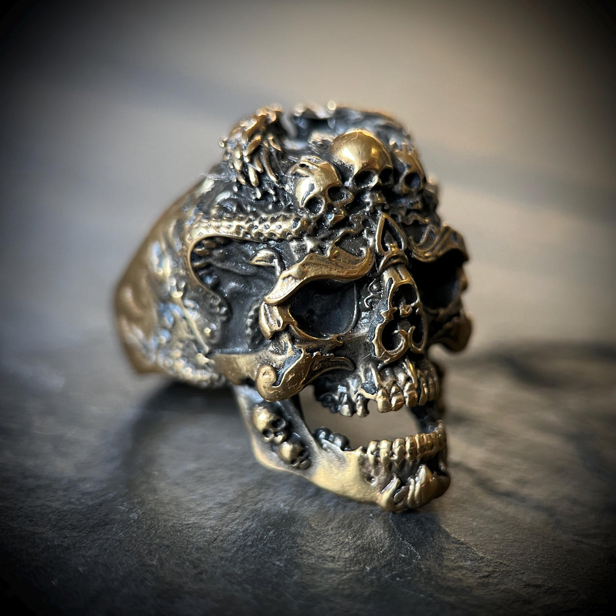 24ct Gold Plated Detailed Oxidised Dragon Skull Ring with Ornate Carvings