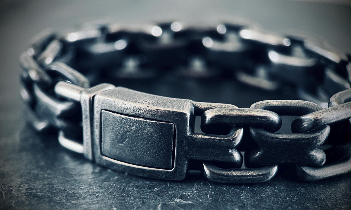 Mens Chunky Blackened Stainless Steel Chain Bracelet: Heavy Duty Oxidized Finish