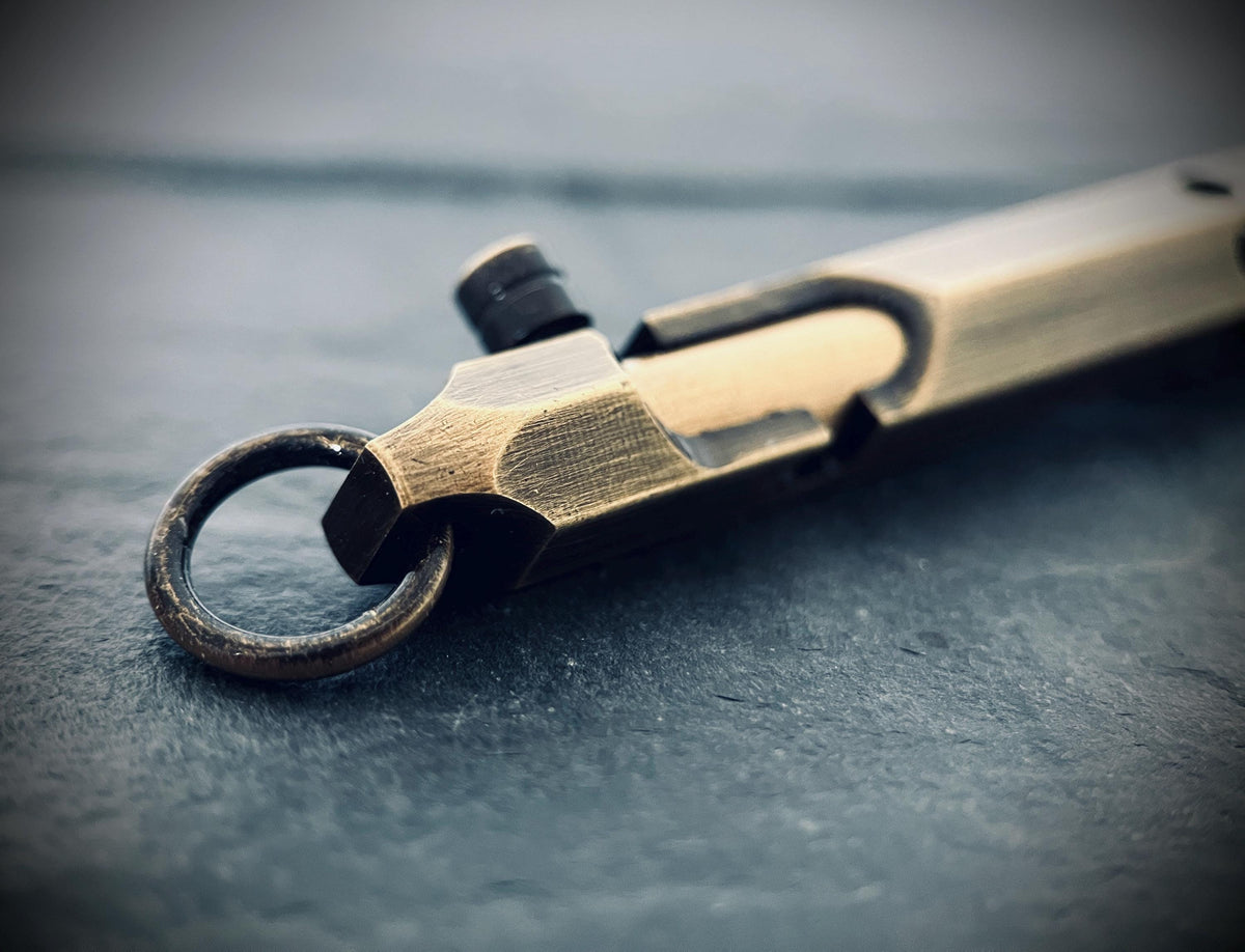 Distressed Bolt Action Oxidised Brass Pen with Grip and Keychain Loop | EDC