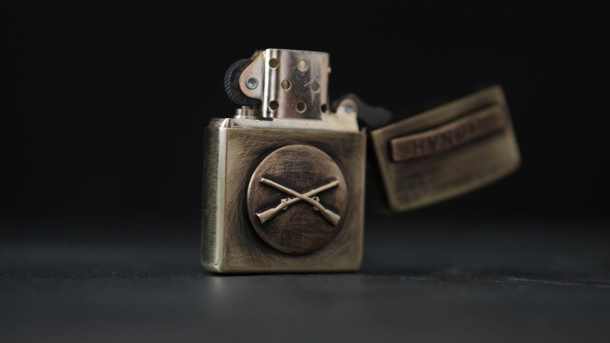 Customised Distressed Vintage Style Aged Brass Zippo Lighter with U.S. Rifle Badge Emblem and Personalised Name Engraving
