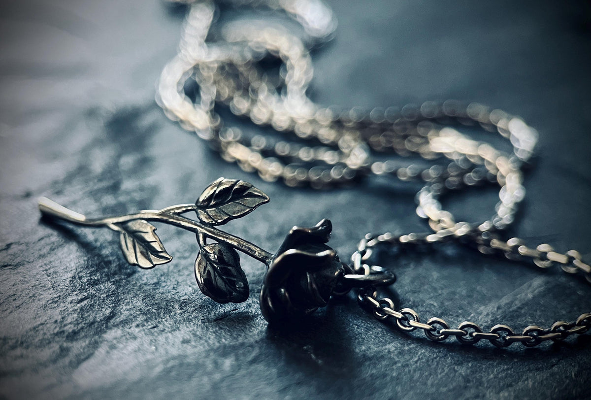 Rustic Oxidised 925 Sterling Silver Rose Pendant & Necklace • Floral Flower Necklace Charm
