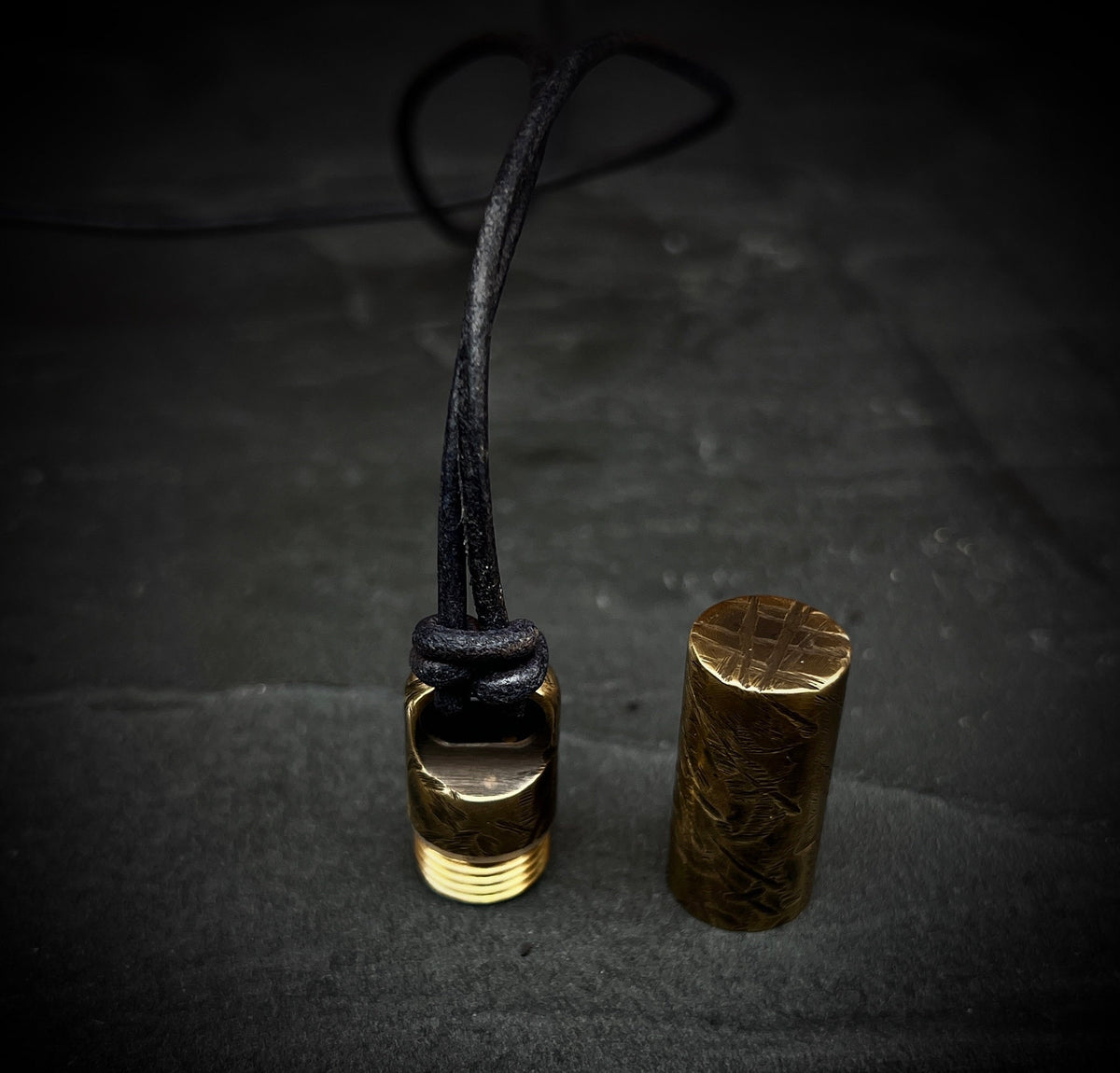 Solid Brass Small Pill Vial Cracked Effect Heavily Distressed Shotgun Shell Capsule Stash Urn Pendant with Leather Cord Necklace / EDC