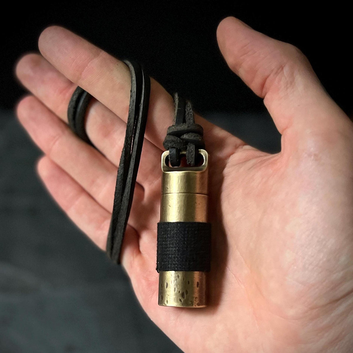Rustic Brass Pill Vial Necklace: Distressed Capsule Stash Pendant, Leather Cord