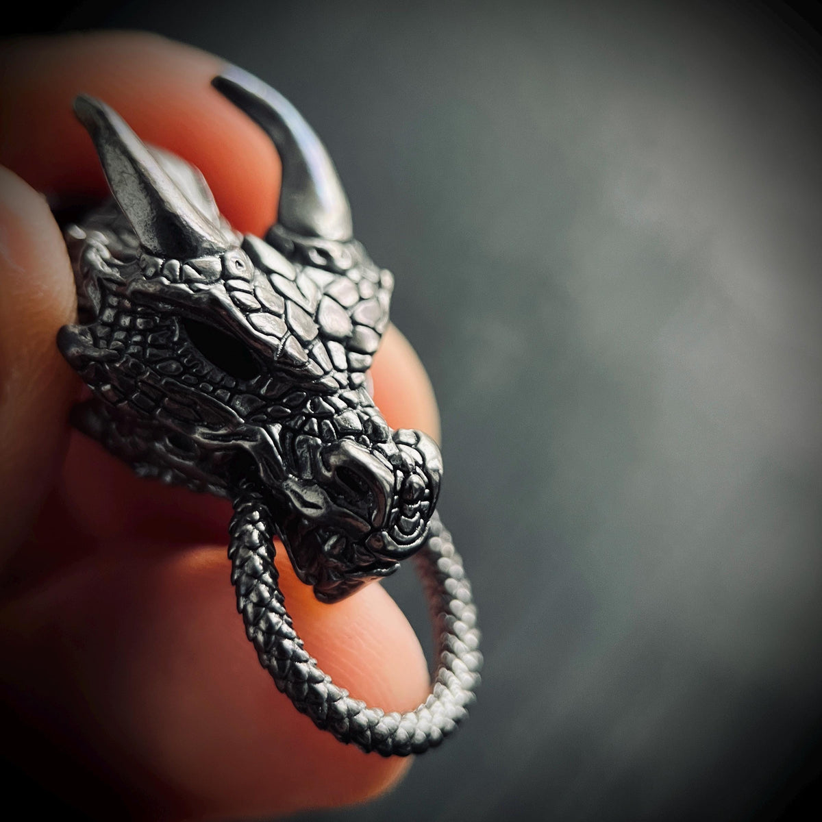 Black Oxidised Blackened Dark Steel Ornate Dragon Amulet Pendant