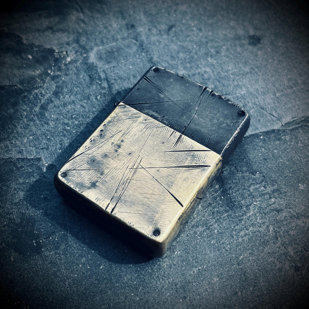 Customised Heavily Distressed Oxidised Black & Gold 2-Tone Patina Solid Brass Armor Heavy Wall Zippo Lighter / EDC / Vintage / Custom