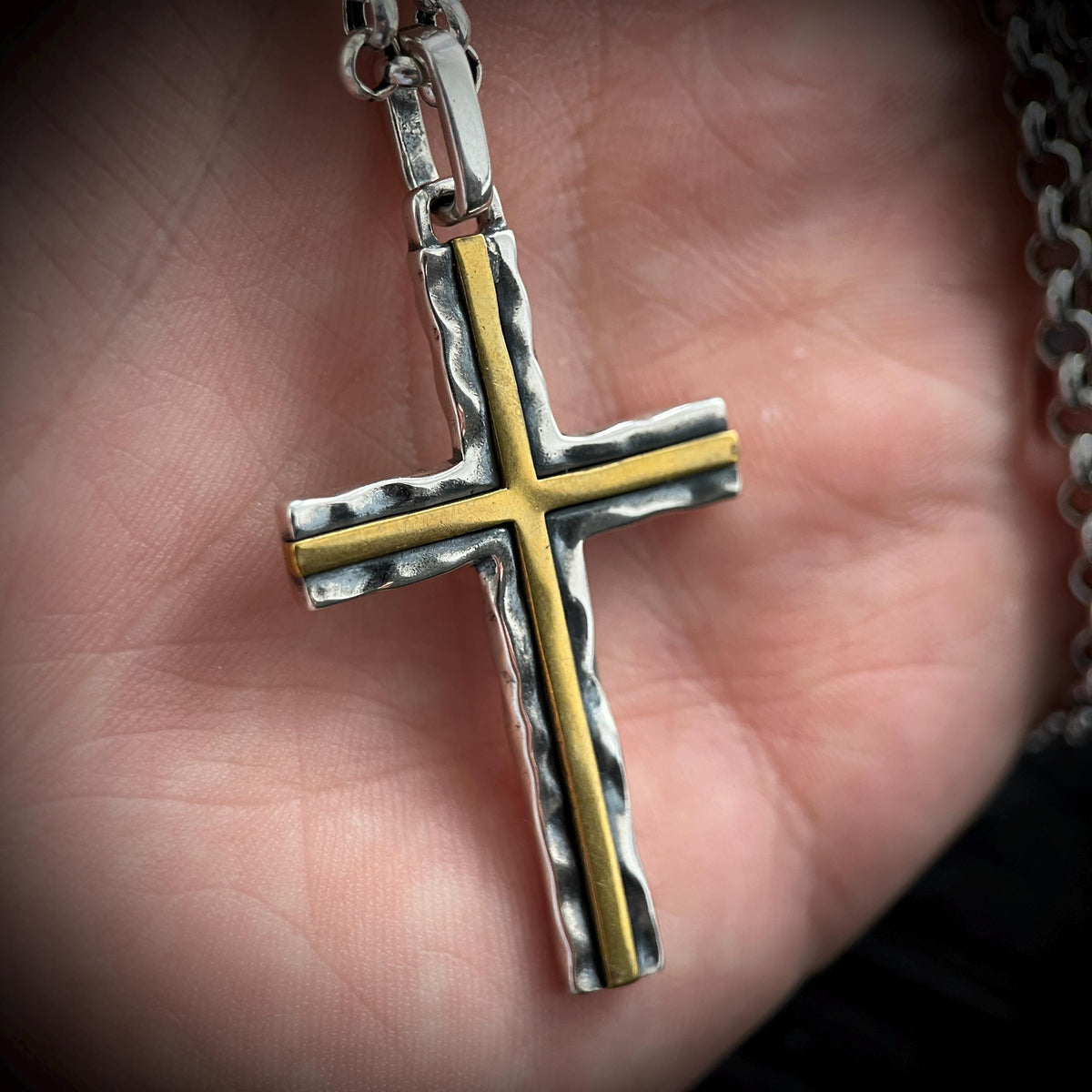 Hammered Sterling Silver Rustic Cross Pendant with Brass Inlay with 24" Rolo Chain