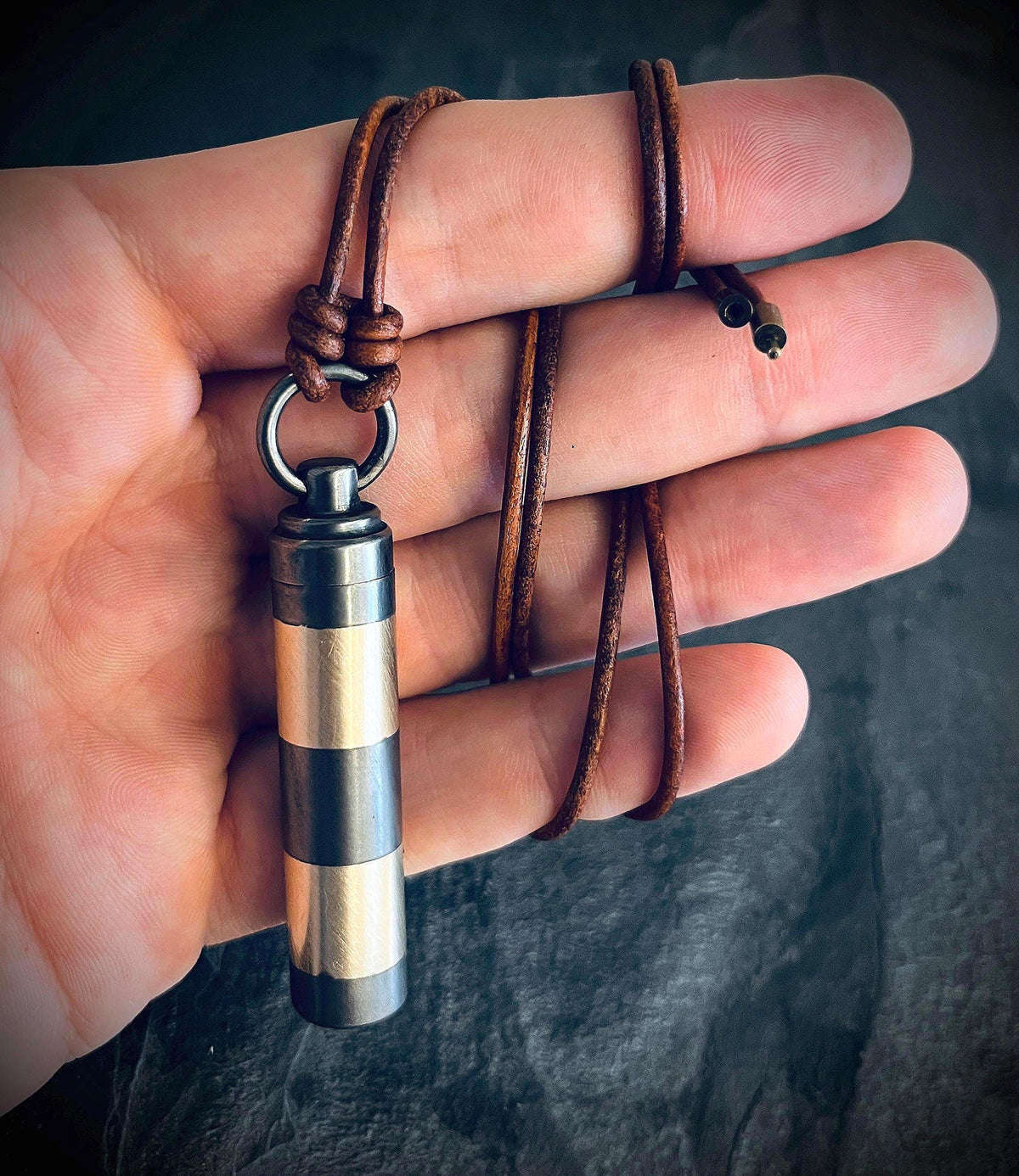 Handmade Striped 2-Tone Brass Cremation Capsule Pendant: Rustic Keepsake Stash Necklace & Brown Leather Cord