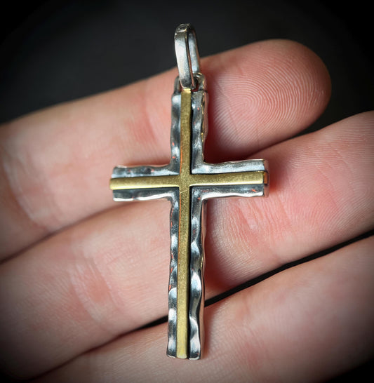 Distressed Handmade 925 Solid Sterling Silver & Brass Simple Minimalist Hammered Cross Crucifix Pendant with Presentation Gift Box