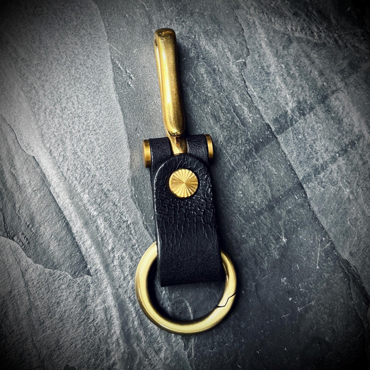 Distressed Black Leather Brass Fish Hook Belt Keychain / Key Holder / Lanyard / Carabiner