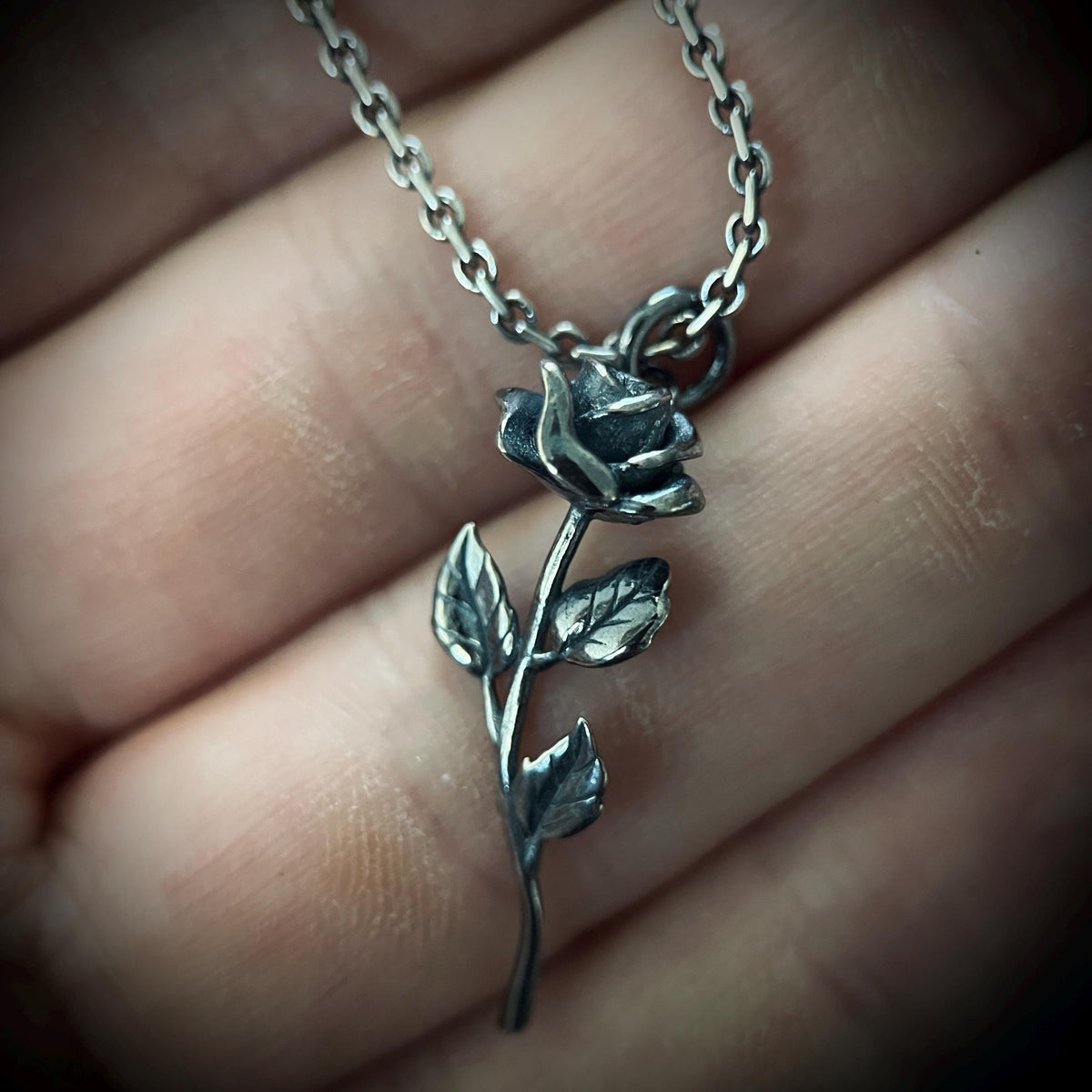 Rustic Oxidised 925 Sterling Silver Rose Pendant & Necklace • Floral Flower Necklace Charm