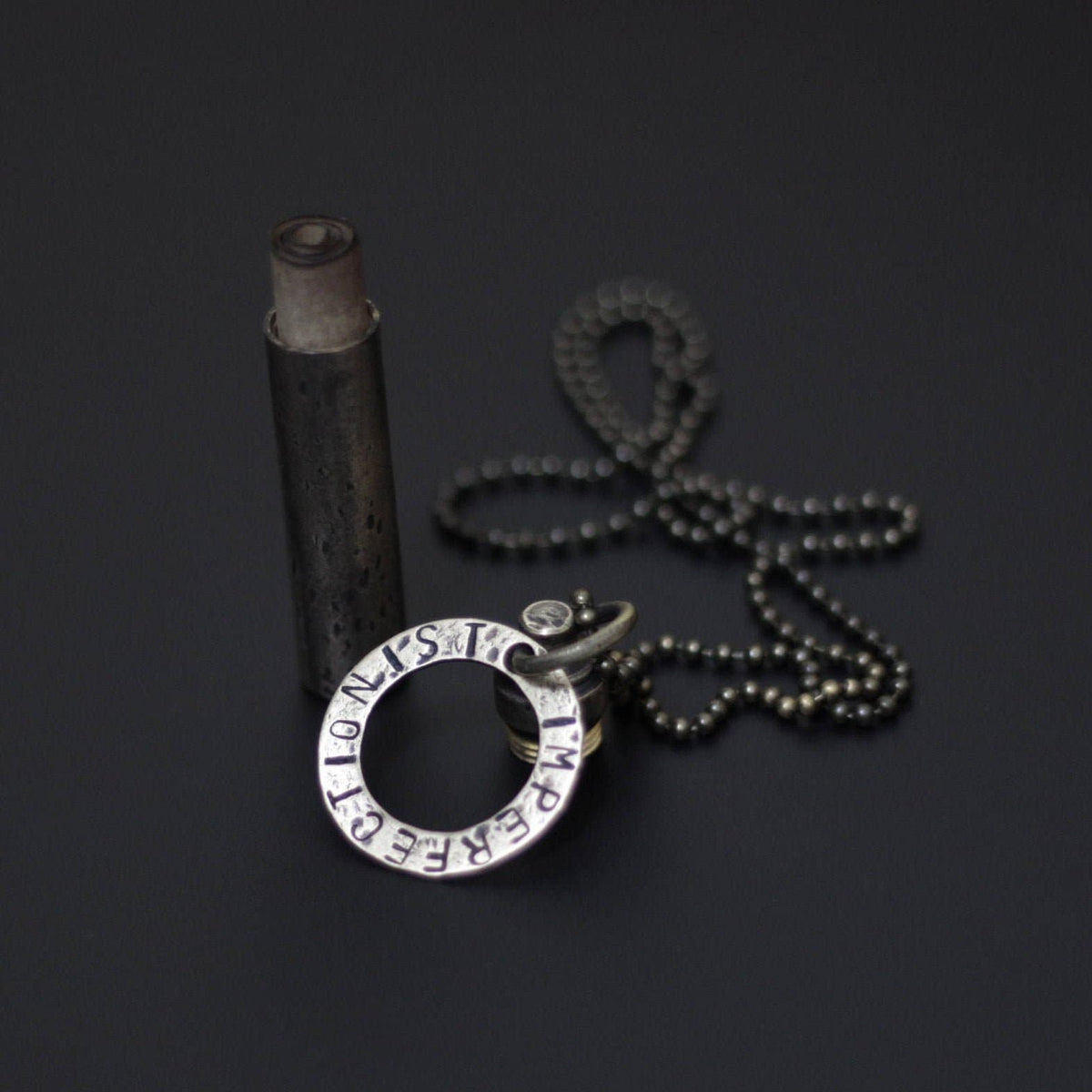 Personalized / Personalised Vintage Style Distressed Brass Secret Stash Vial Bullet Capsule Pendant with Engraved Custom Dog Tag Necklace
