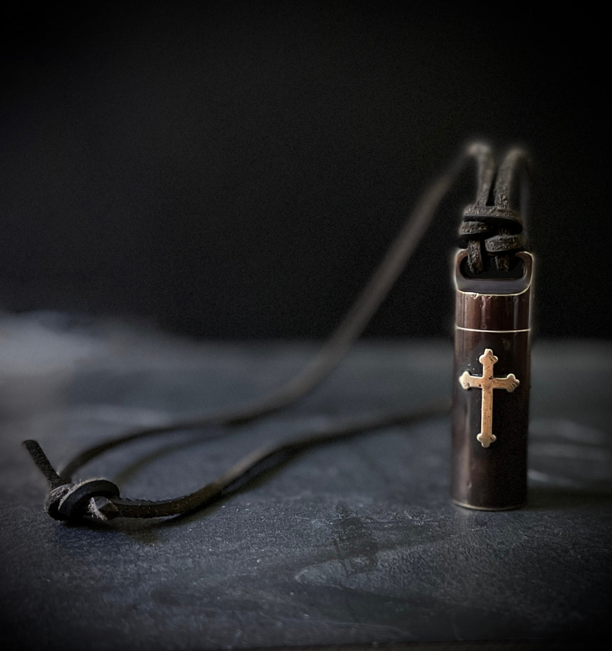 Rustic Brass Shotgun Shell Stash Capsule Necklace - Large Cross Crucifix Pendant