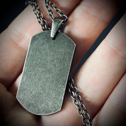 Minimalist Simple Brushed Distressed Stainless Steel Matte Silver Chrome Dog Tag Pendant with 20" Cable Link Chain Necklace / Dog-Tags