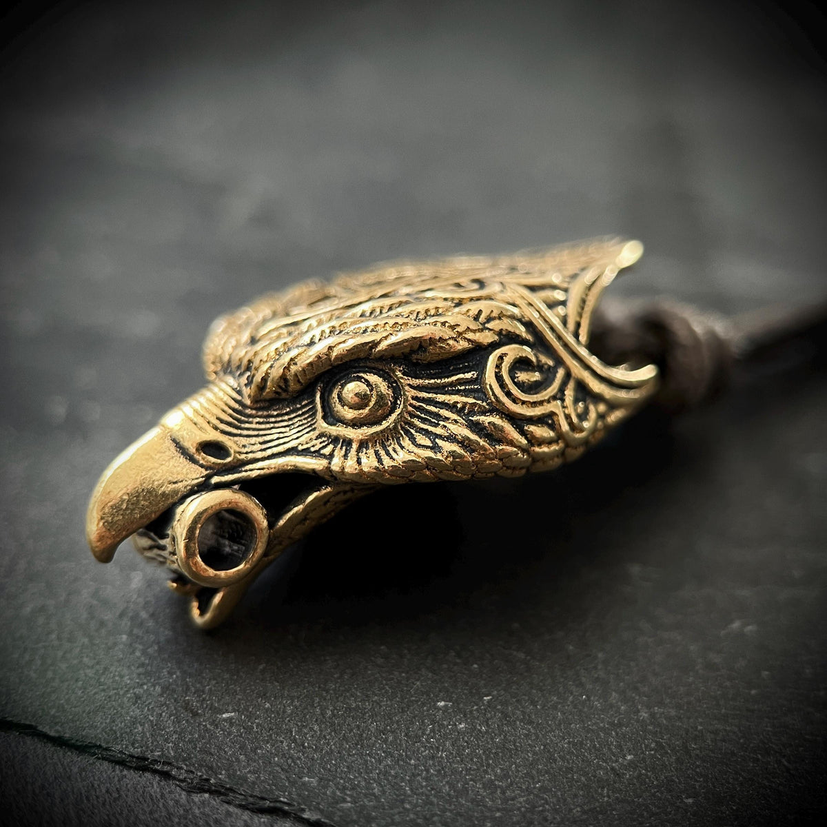 Rustic Brass Celtic Golden Eagle Bird Head Pendant & Black Distressed Leather Cord Necklace