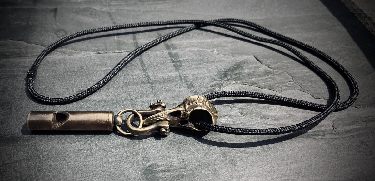 Handmade Brass Crow Skull Pendant with Whistle Attachment & Black Leather Cord Necklace