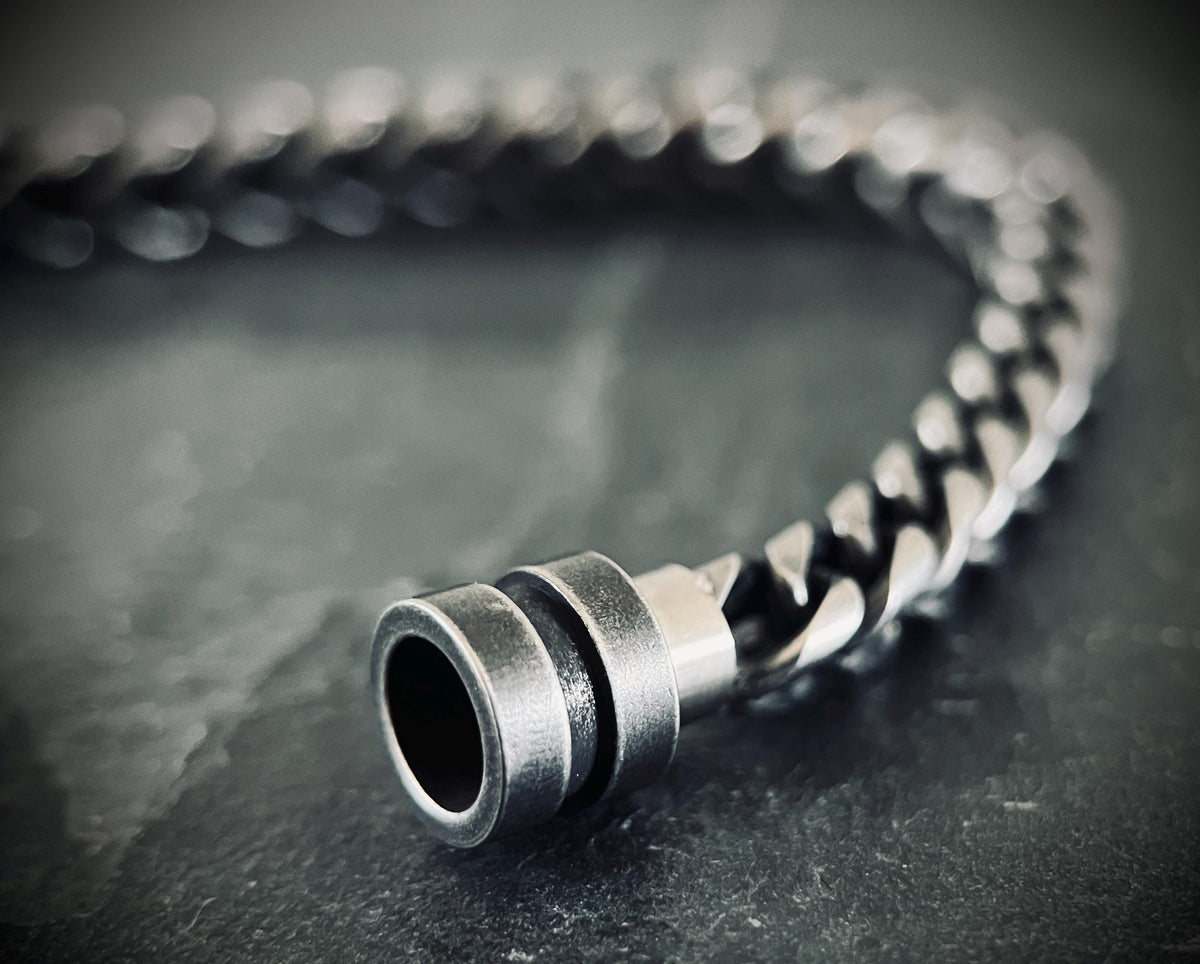 Oxidised Simple Stainless Steel Matte Blackened Silver Thick Chunky Foxtail Cable Link Chain Bracelet