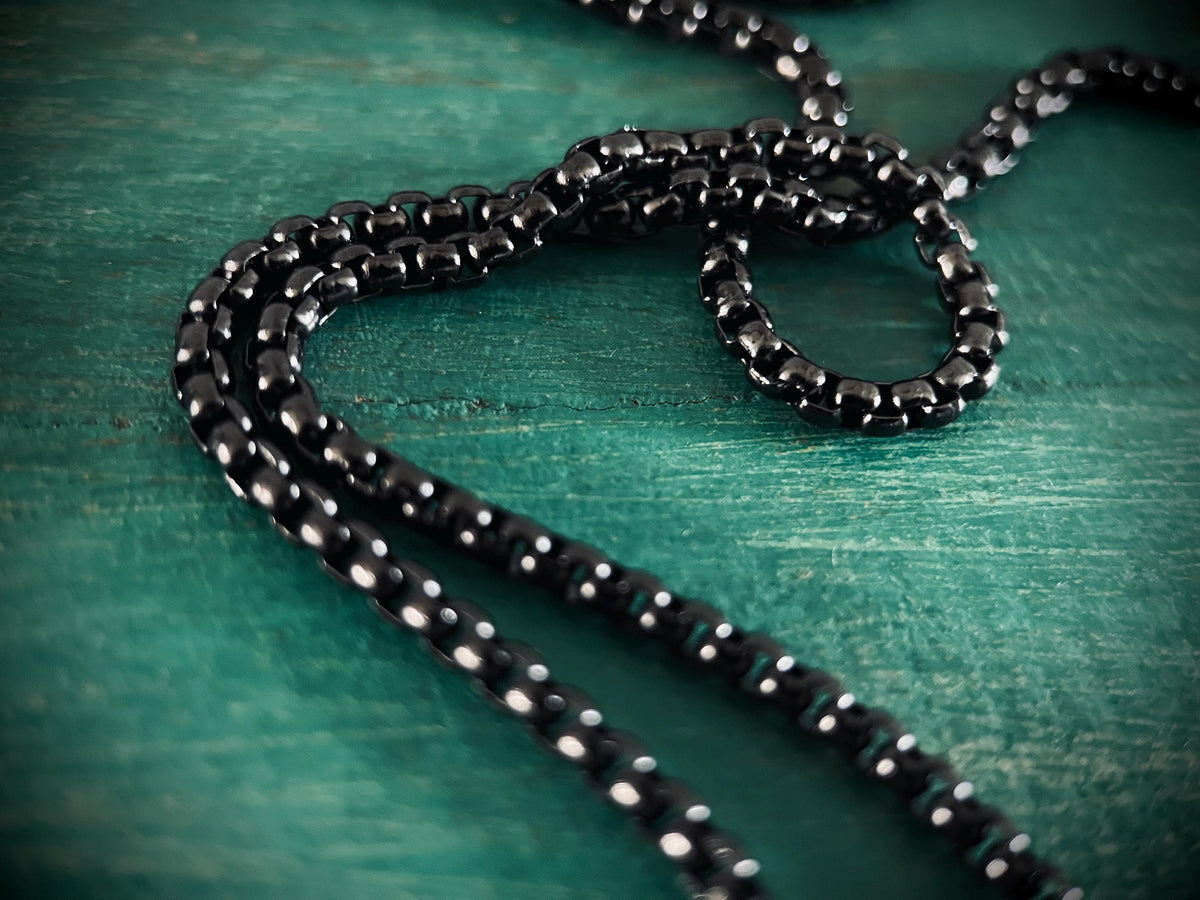 Black Stainless Steel Ornate Engraved Pattern Cross Pendant & Necklace - Boxy Style
