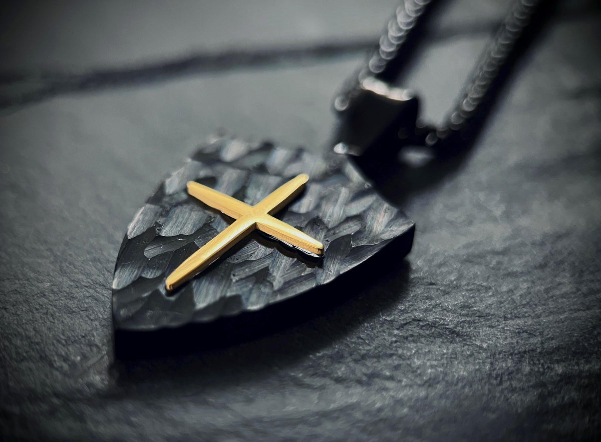 Rustic Hammered Black & Gold Stainless Steel Knight's Shield Cross Pendant - 24" Chain