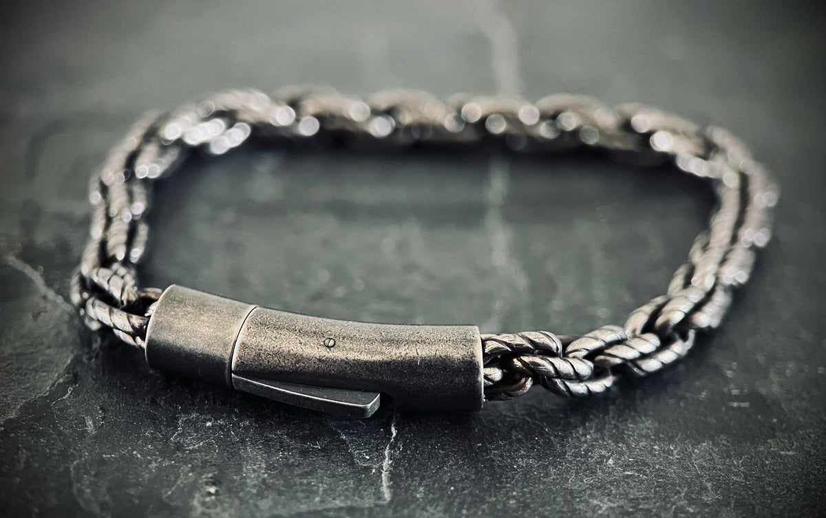 Oxidized Stainless Steel Rope Chain Bracelet: Chunky Blackened Silver, Mens Rustic Style