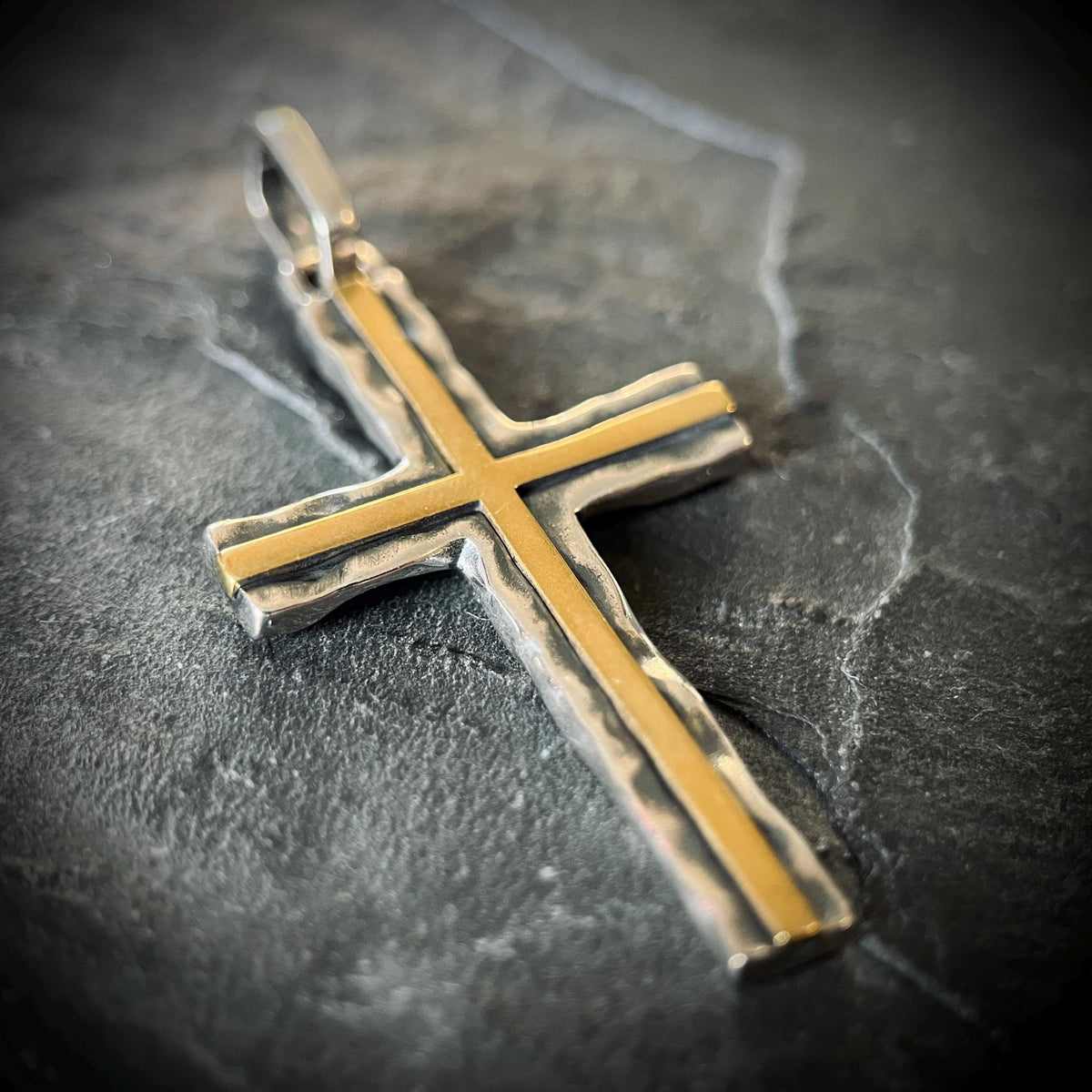 Distressed Handmade 925 Solid Sterling Silver & Brass Simple Minimalist Hammered Cross Crucifix Pendant with Presentation Gift Box