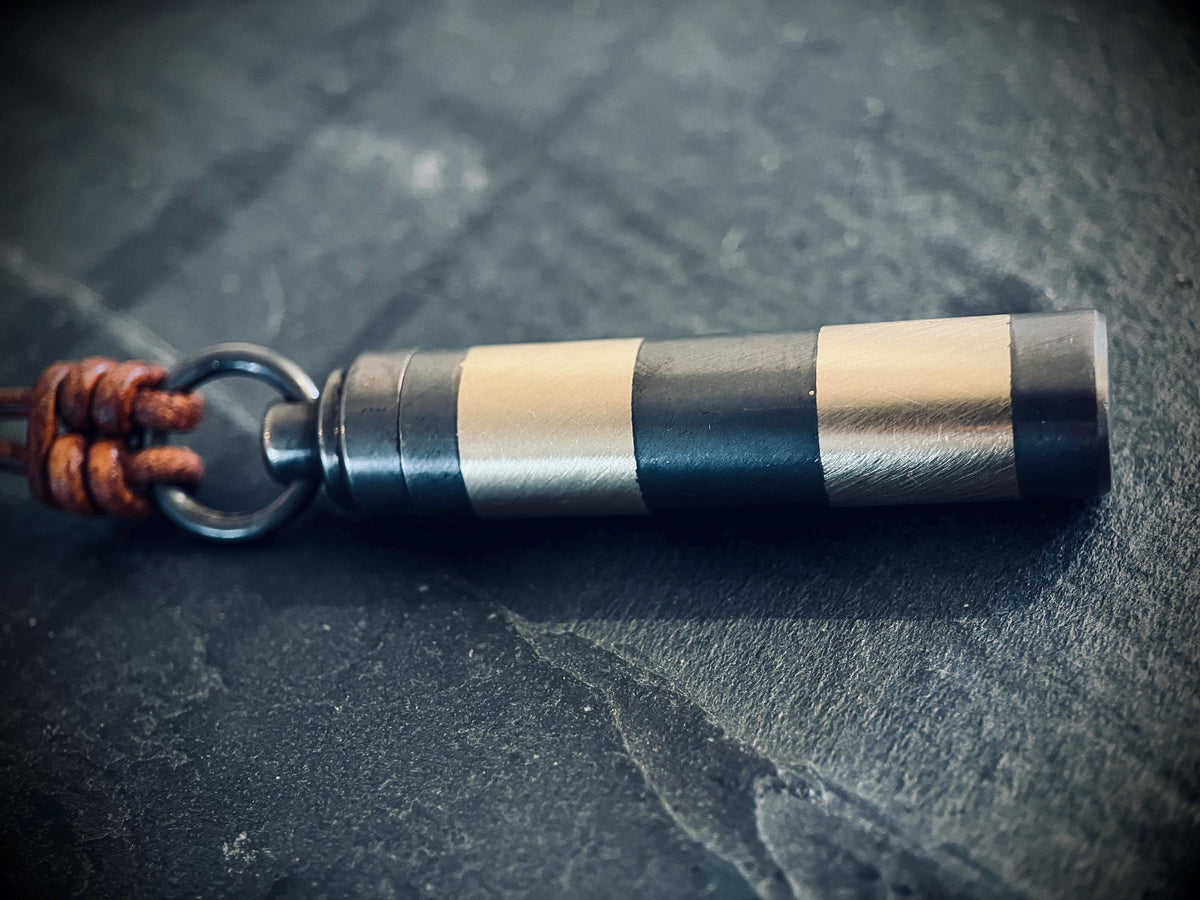 Handmade Striped 2-Tone Brass Cremation Capsule Pendant: Rustic Keepsake Stash Necklace & Brown Leather Cord