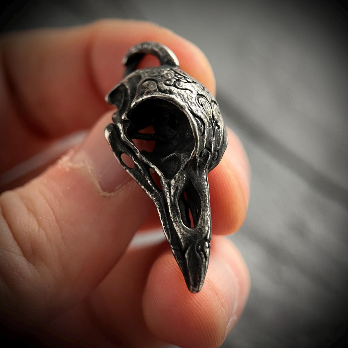 Oxidised Blackened Stainless Steel Crow Skull Amulet Ornate Pendant
