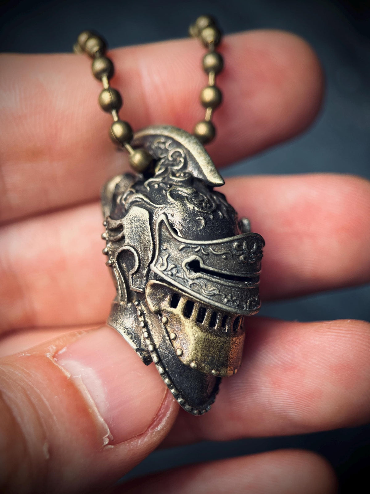 Ornate Highly Detailed Carved Distressed Aged White Brass Templar Knight Helmet Skull Pendant Necklace