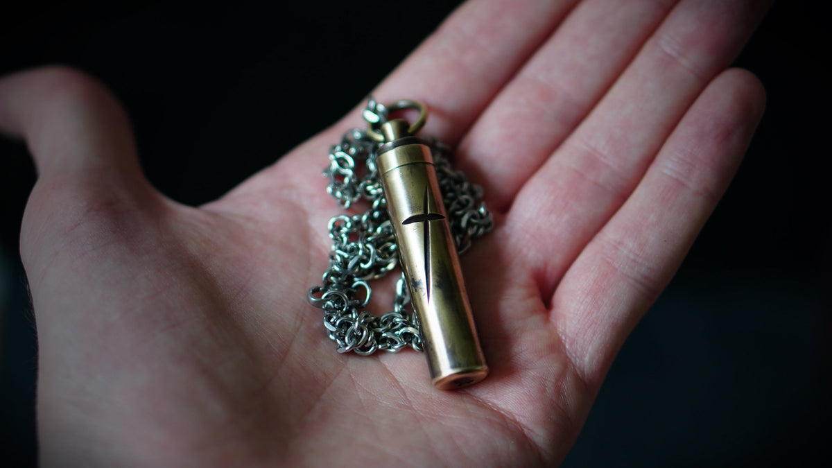 Personalised Engraved Letter Rustic Brass Capsule Stash Urn Vial Cross Symbol Pendant with Silver Stainless Steel Cable Chain Necklace
