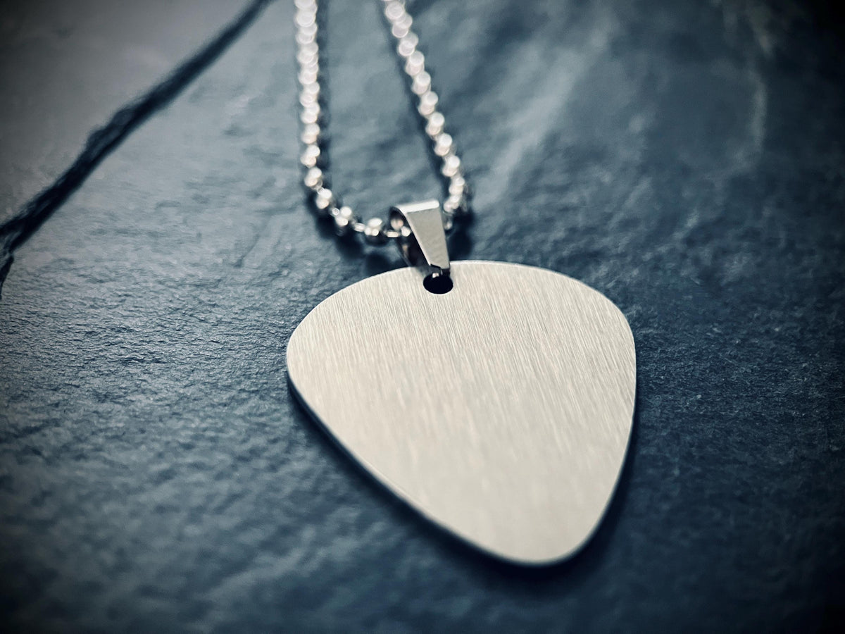 Minimalist Simple Brushed Stainless Steel Matte Silver Chrome Guitar Pick Pendant with Matching Ball Chain Necklace / Guitarist / Musician