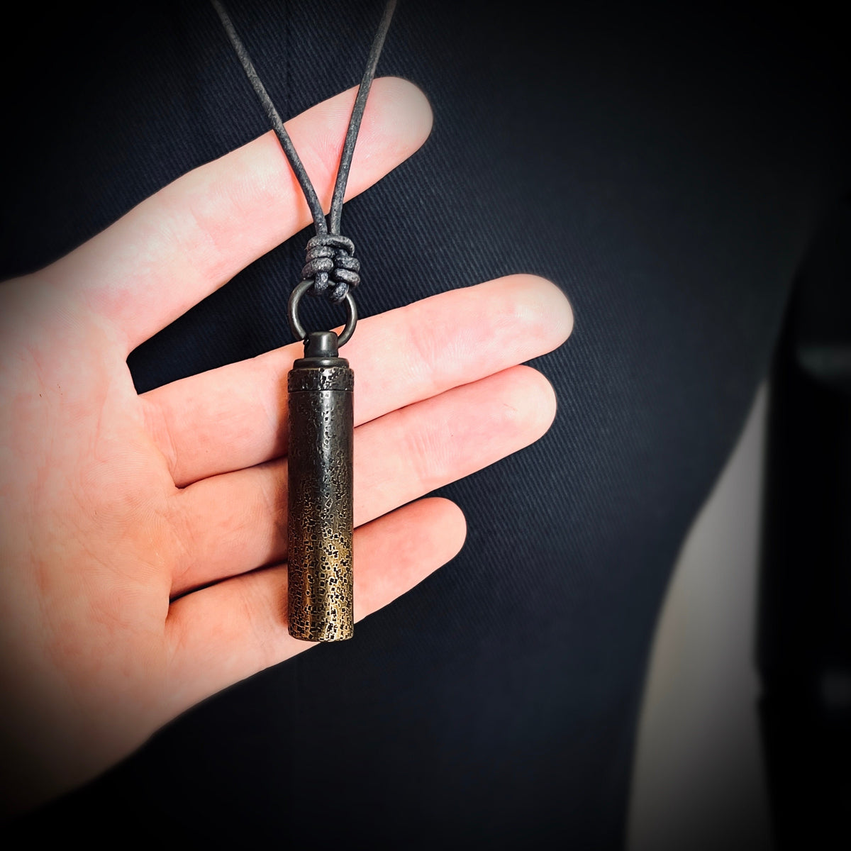 Heavily Distressed 2-Tone Contrast Patina Brass Secret Stash Vial Capsule Pendant & Leather Cord Necklace / Bullet / Rustic / Rocker / Boho
