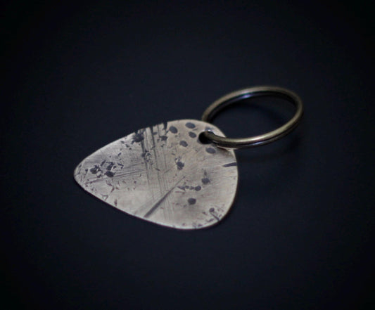 Custom Rustic Aged Brass Engraved Distressed Patina Guitar Pick Keychain