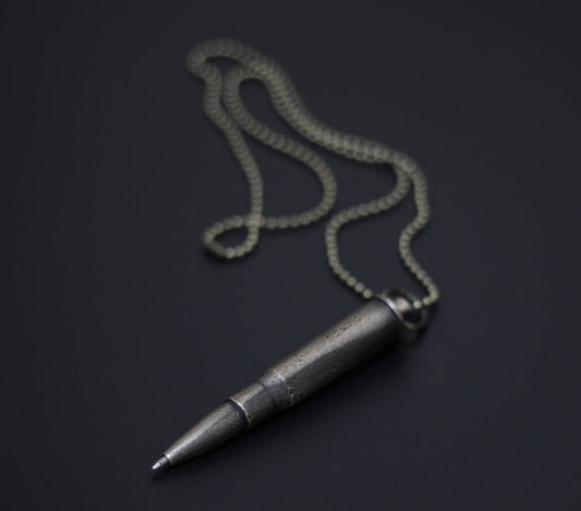 Bullet Pen Necklace - Battle Distressed Blackened Solid Brass Pendant with Matching Ball Chain / Writing / EDC / Tool