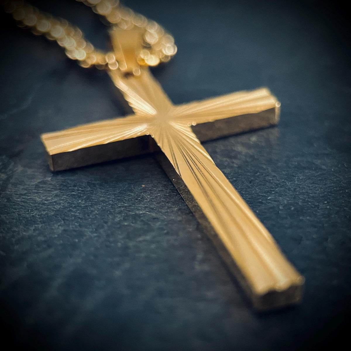 Gold Stainless Steel Ornate Engraved Pattern Cross Pendant & Necklace - Boxy Style
