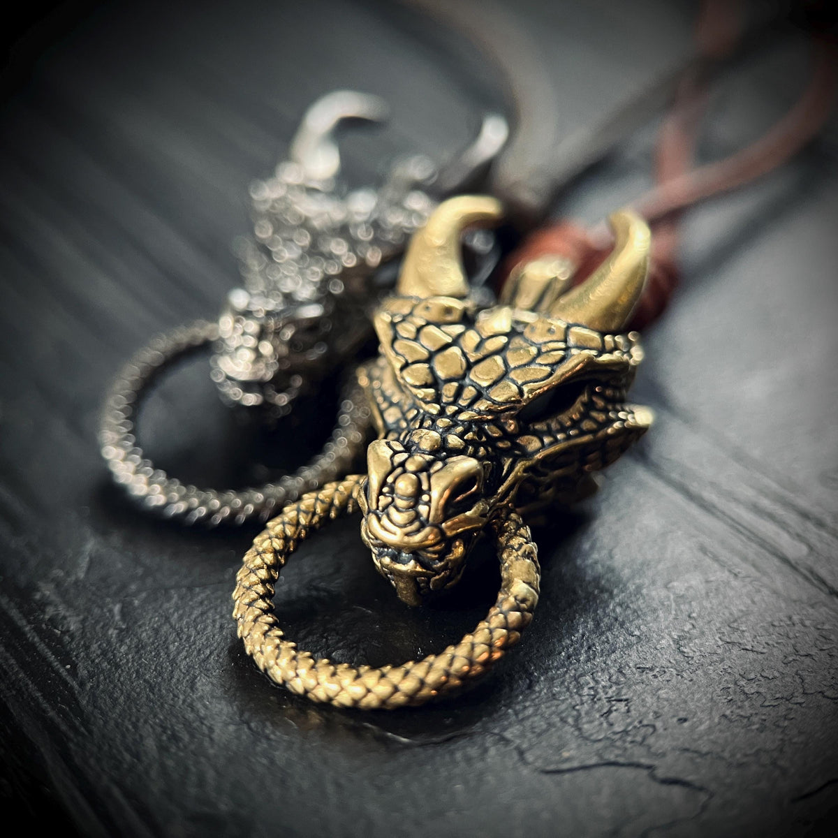 Oxidised Rustic Black & Gold Dragon Head Charm Amulet Pendant with Leather Cord Necklace
