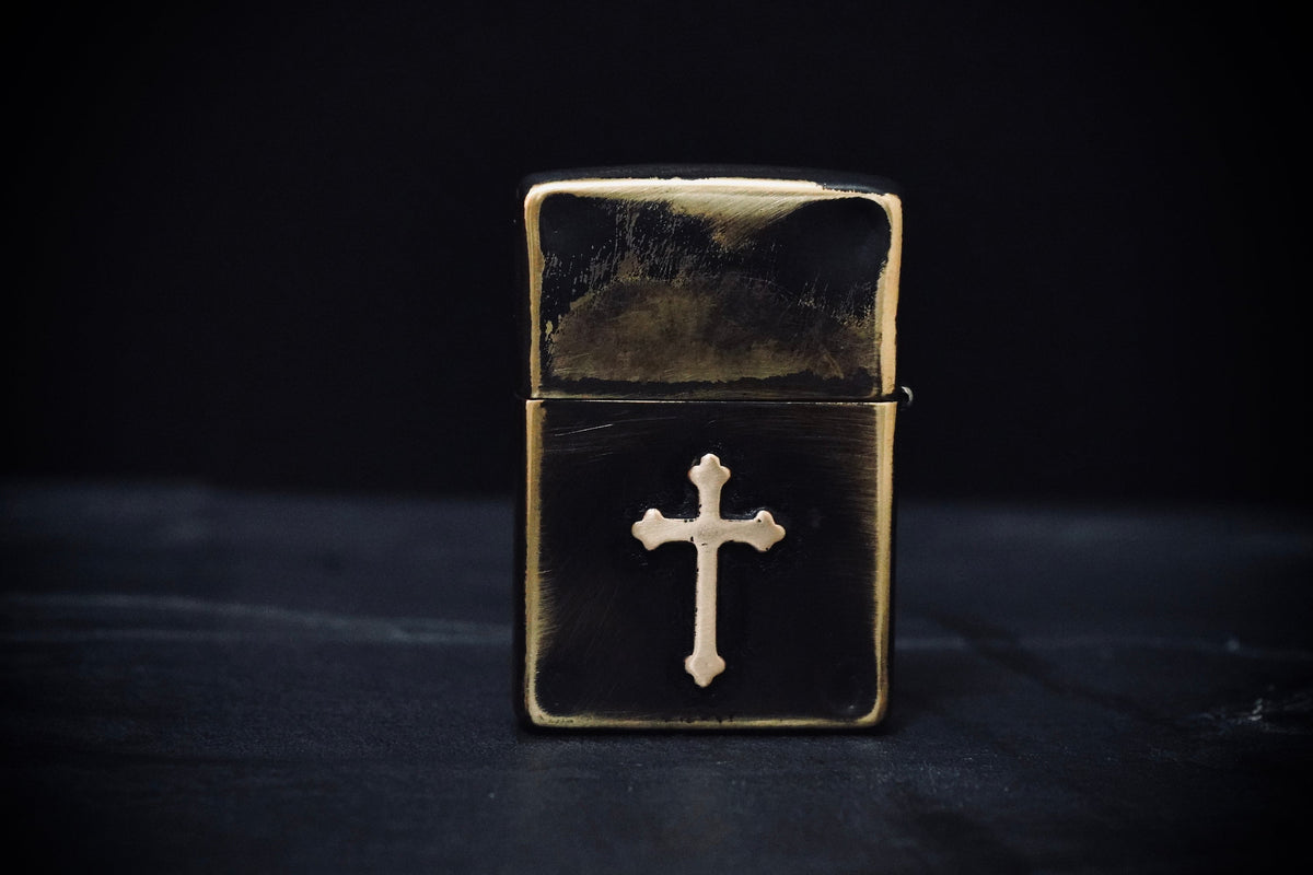 Customised Heavily Distressed & Oxidised Antique Vintage Patina Style Solid Brass Zippo Lighter with Cross Crucifix Emblem / EDC