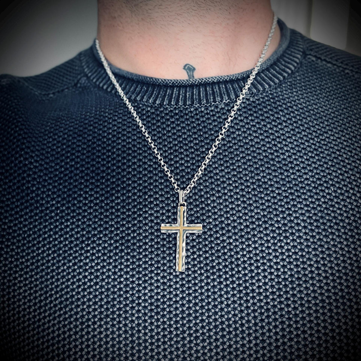 Hammered Sterling Silver Rustic Cross Pendant with Brass Inlay with 24" Rolo Chain