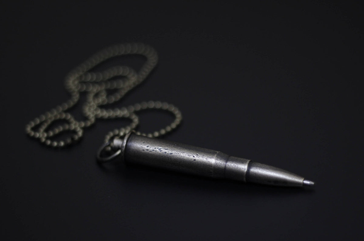 Bullet Pen Necklace - Battle Distressed Blackened Solid Brass Pendant with Matching Ball Chain / Writing / EDC / Tool